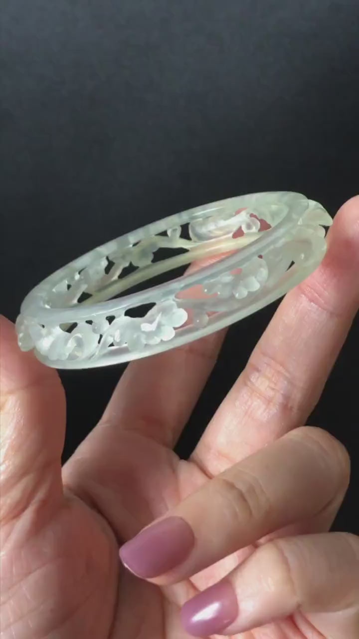 Custom Size 50-65mm! Xiu Jade Sea Wave Hand Carved Bangle: Certified Natural Serpentine White Jade handcrafted Bracelet hollow out carving
