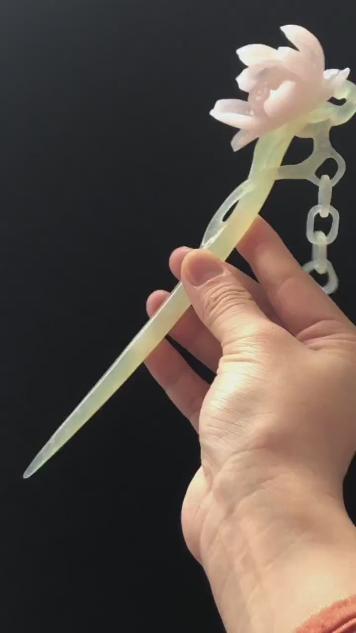 Natural Xiu Jade Serpentine Hand Carved Pink Lotus Flower Hair Pin