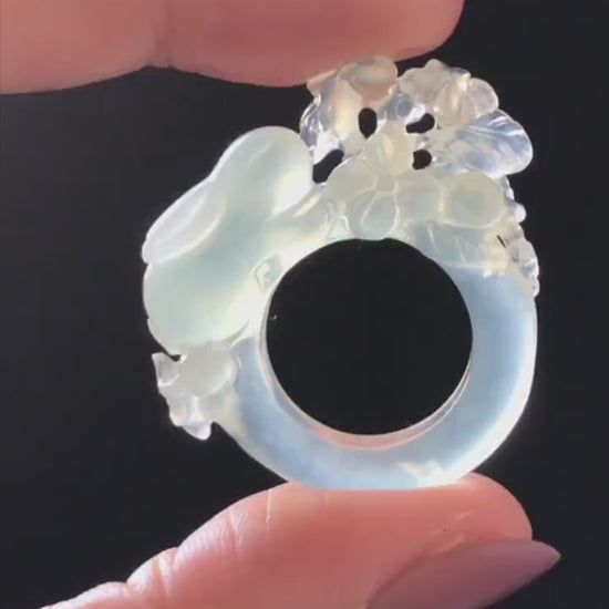 Custom Size! Xiu Jade Serpentine Hand Carved Rabbit Bunny and Flowers Ring: Natural Icy White Jade Customised Statement Ring