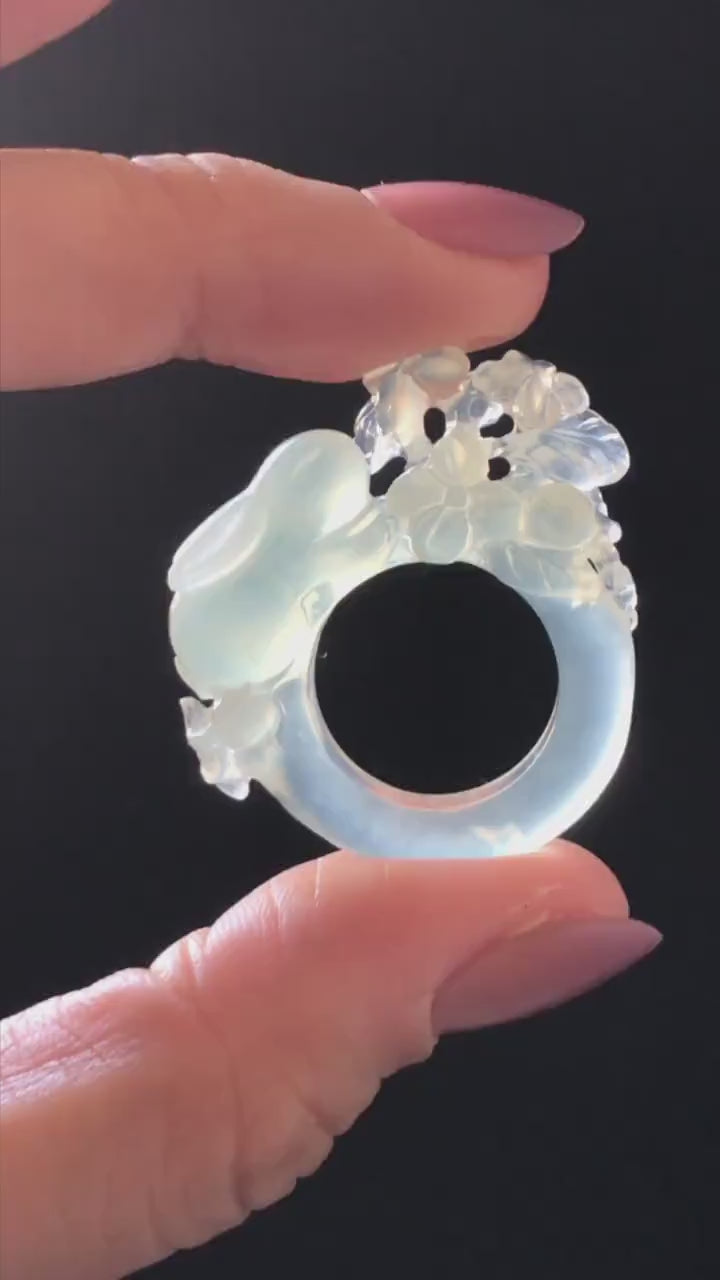 Custom Size! Xiu Jade Serpentine Hand Carved Rabbit Bunny and Flowers Ring: Natural Icy White Jade Customised Statement Ring