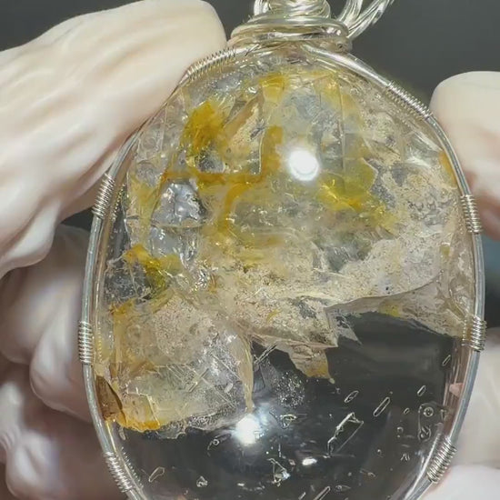 Rare Found! Polished Enhydro Quartz Golden Healer Pendant Necklace: Moving Dried White Sand & Yellow Hematoid Inclusion Crystal Palm Stone