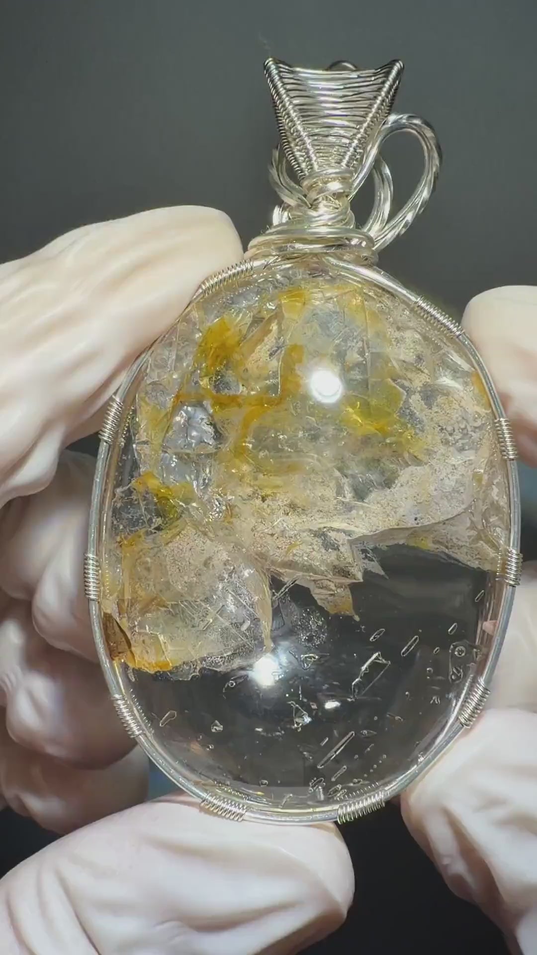 Rare Found! Polished Enhydro Quartz Golden Healer Pendant Necklace: Moving Dried White Sand & Yellow Hematoid Inclusion Crystal Palm Stone
