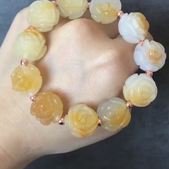 Natural SheTaicui Jade (Quartzite) carved icy Yellow Rose crystal charms Bracelet | Icy Pineapple  | Personalized Gift | Gift for her