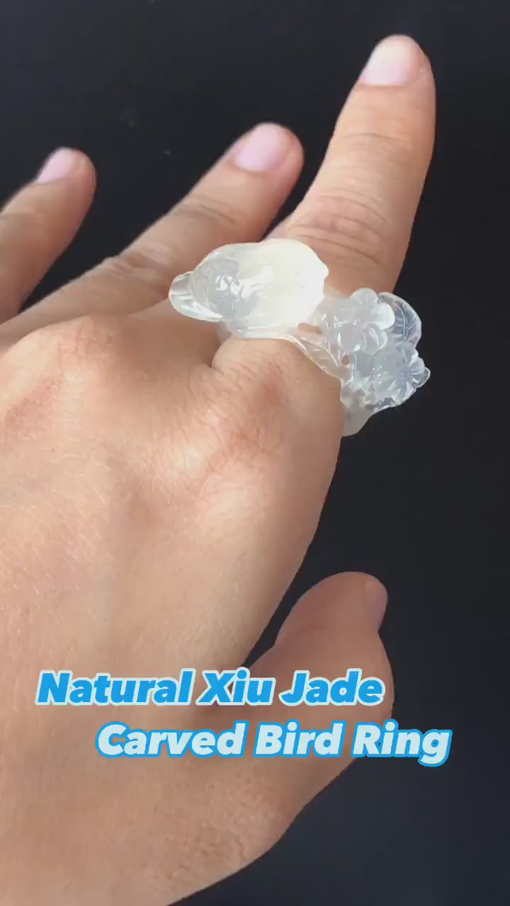 Natural Xiu Jade (Serpentine) Hand Carved Bird and Flower Ring | 16.4mm (US 6-6.5) | Icy White Translucent | Stone Crystal Gemstone