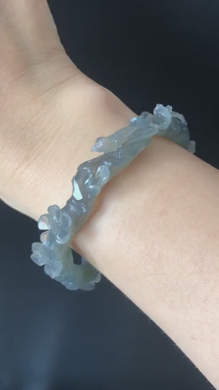 52-66mm Custom Size Natural Xiu Jade Serpentine Hand Carved Magpie Birds and Flower Bangle | Icy Gray | Stone Crystal Gemstone Jewellery