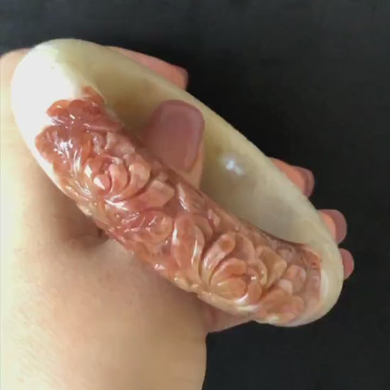 56.4mm Xiu Jade Serpentine Hand Carved Peony Flowers Bangle: Natural Red White Jade Handcrafted Bracelet, Stone Carving Gemstone Jewelry