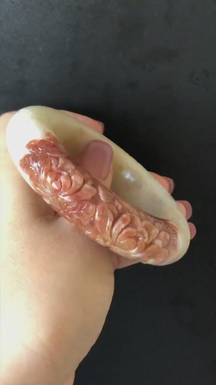 56.4mm Xiu Jade Serpentine Hand Carved Peony Flowers Bangle: Natural Red White Jade Handcrafted Bracelet, Stone Carving Gemstone Jewelry