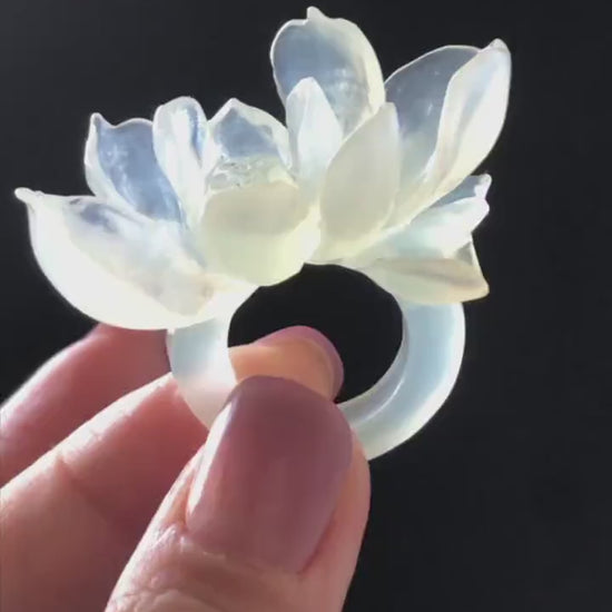 Custom Size! Xiu Jade Serpentine Hand Carved Lotus Flower Ring: Natural Icy White Jade Customised Stone Carving Statement Ring