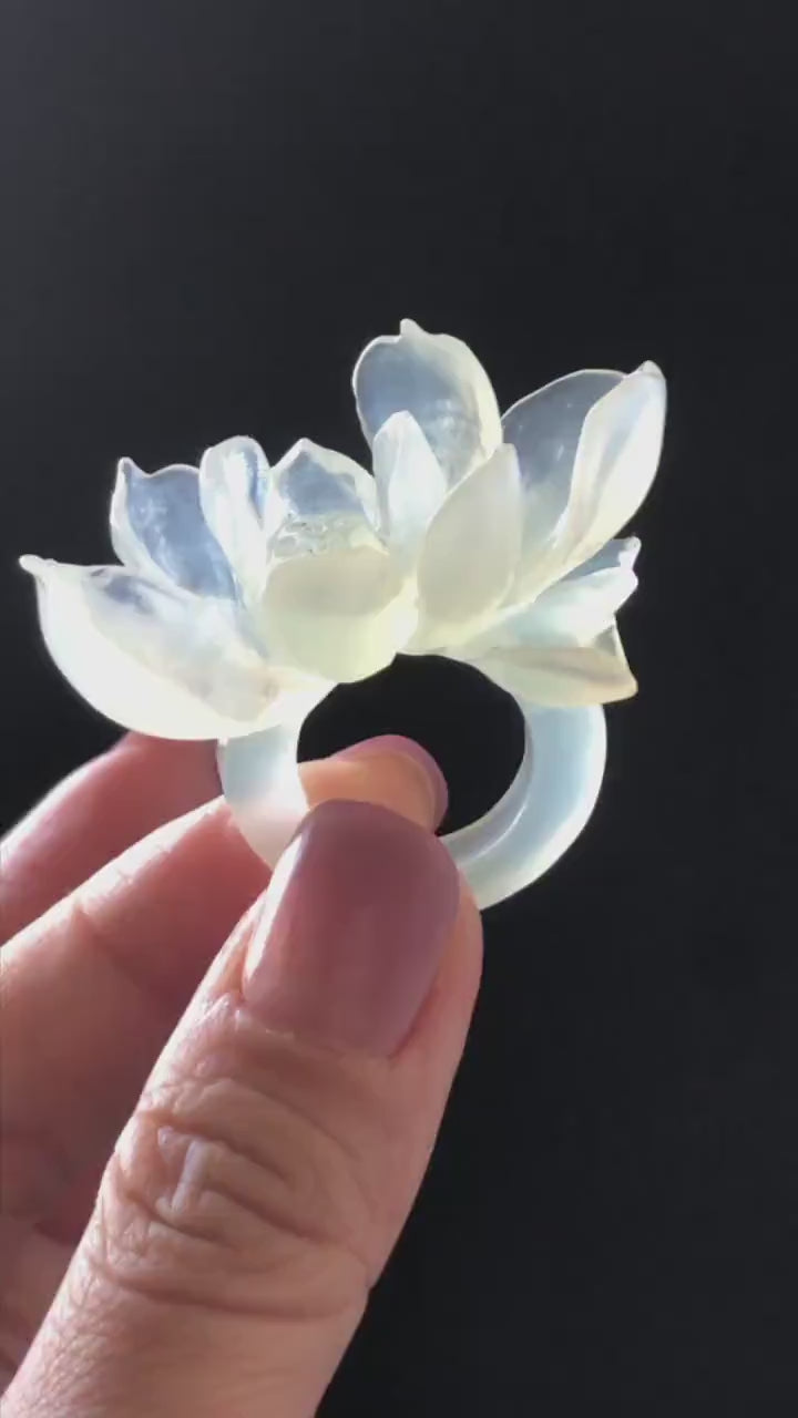 Custom Size! Xiu Jade Serpentine Hand Carved Lotus Flower Ring: Natural Icy White Jade Customised Stone Carving Statement Ring
