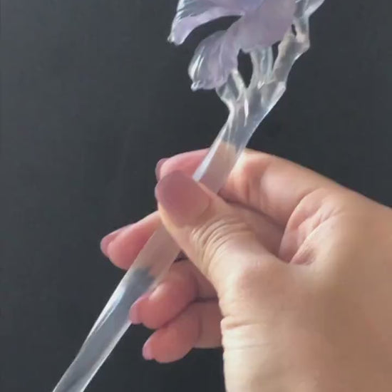 Fluorite Hand Carved Iris Flower Hair Pin: Natural Purple & Clear Translucent Crystal Hanfu Handcrafted Vintage Hair Stick 3D stone carving