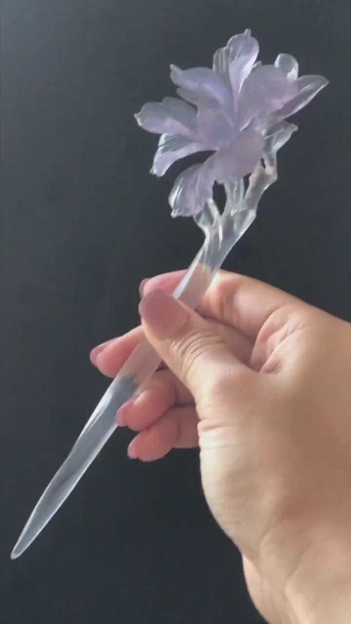 Fluorite Hand Carved Iris Flower Hair Pin: Natural Purple & Clear Translucent Crystal Hanfu Handcrafted Vintage Hair Stick 3D stone carving