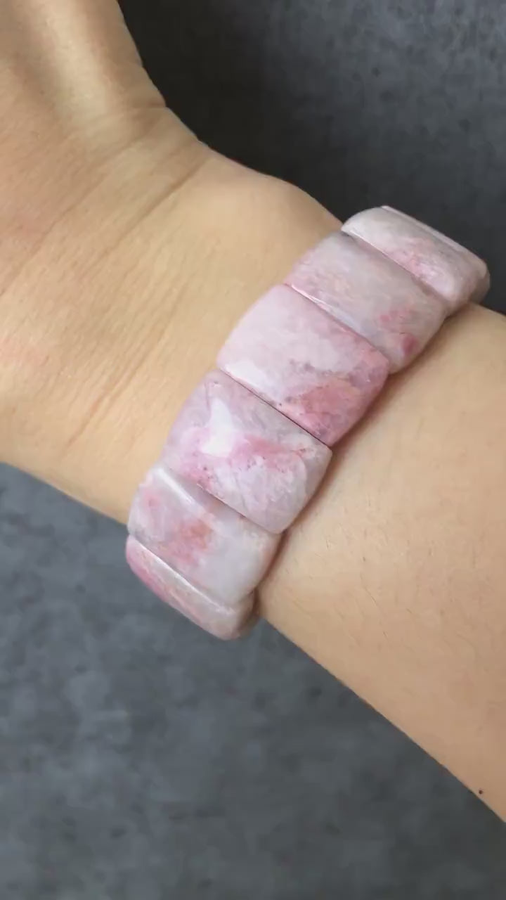 Natural Rhodonite Stone Bracelet | Elastic Stretch Bracelet | White Lace Pink Cloud | Pink Raw Crystal Bangle | Healing Stone Gift for her