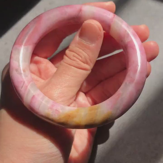 56.6mm Natural Rhodonite Stone Bangle Bracelet | Glim of light at dawn | Baby Pink Gold | White Pink Crystal Gemstone Bangle Healing Stone