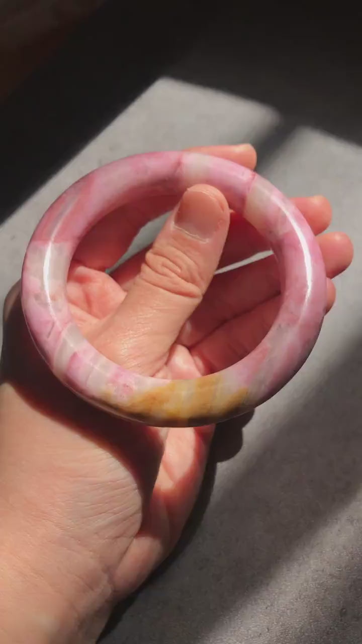 56.6mm Natural Rhodonite Stone Bangle Bracelet | Glim of light at dawn | Baby Pink Gold | White Pink Crystal Gemstone Bangle Healing Stone