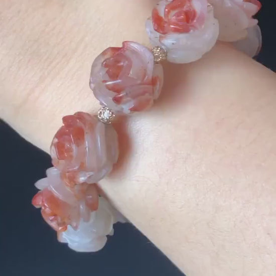 Natural SheTaicui Jade (Quartzite) carved icy Red Rose crystal charm Bracelet | Red plum blossom | Personalized Gemstone Gift | Custom Made