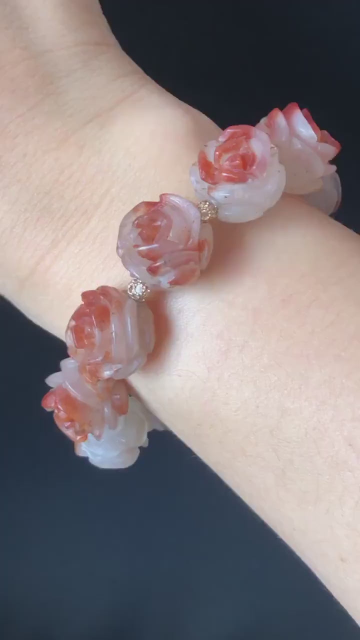 Natural SheTaicui Jade (Quartzite) carved icy Red Rose crystal charm Bracelet | Red plum blossom | Personalized Gemstone Gift | Custom Made