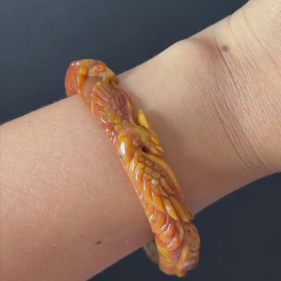 Custom Size 50-62mm! Xiu Jade Fire Phoenix & Red Peony Hand Carved Bangle: Certified Natural Serpentine Yellow Red Jade handcrafted Bracelet