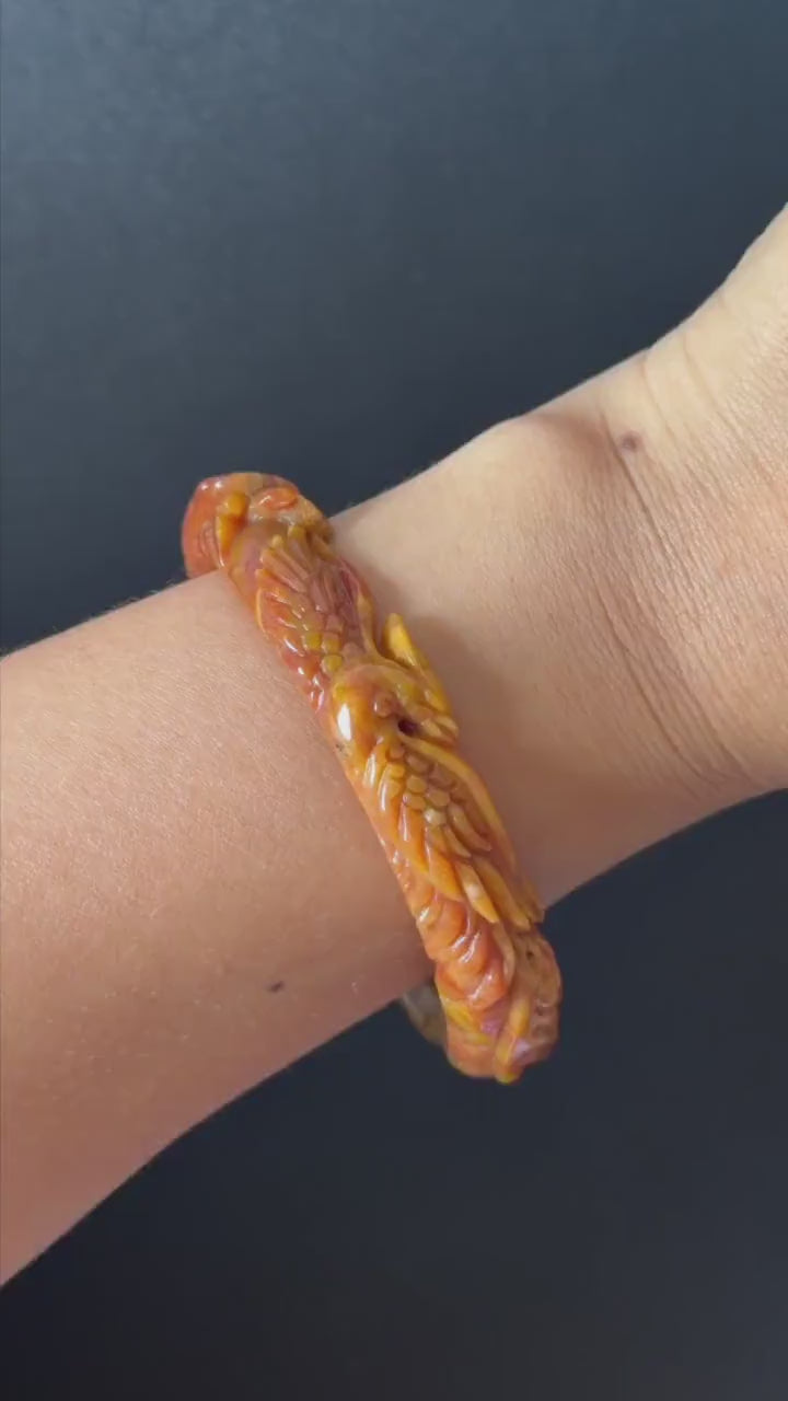 Custom Size 50-62mm! Xiu Jade Fire Phoenix & Red Peony Hand Carved Bangle: Certified Natural Serpentine Yellow Red Jade handcrafted Bracelet
