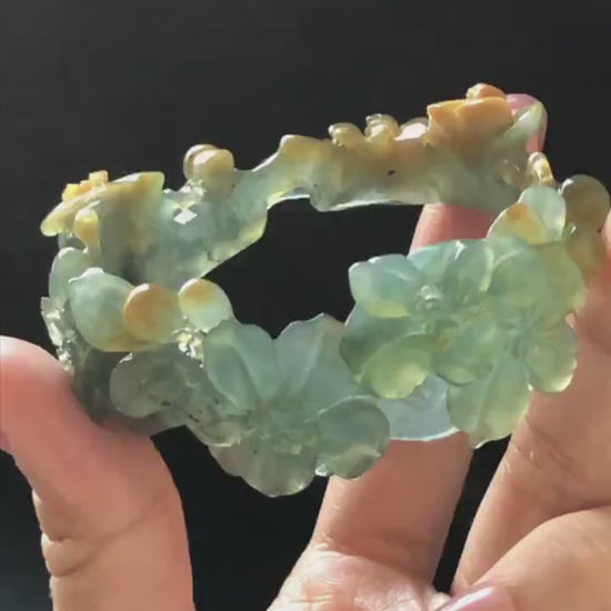 54.5mm Xiu Jade Serpentine Hand Carved Begonia Flower Bangle: Natural Yellow Greenish Blue Jade Handcrafted Bracelet, Stone Carving Jewelry
