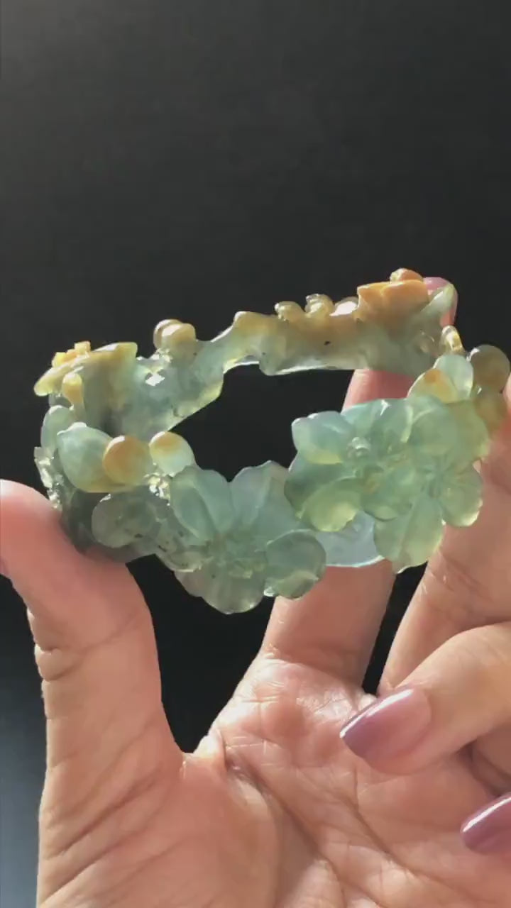 54.5mm Xiu Jade Serpentine Hand Carved Begonia Flower Bangle: Natural Yellow Greenish Blue Jade Handcrafted Bracelet, Stone Carving Jewelry