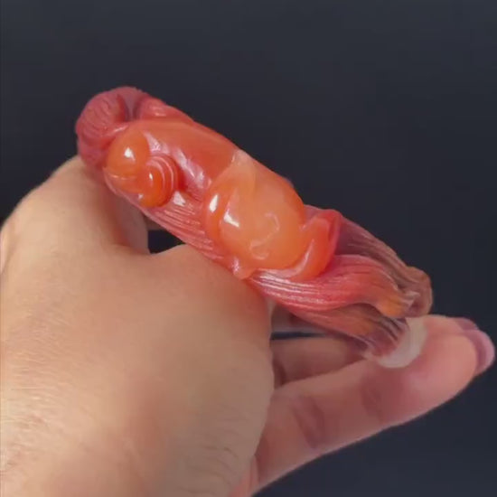 48-70mm! Custom Size Golden Silk Jade (Quartzose) Carved Nine-tailed Fox Peony Bangle: Natural White Red Jade Handcrafted Stone Bracelet