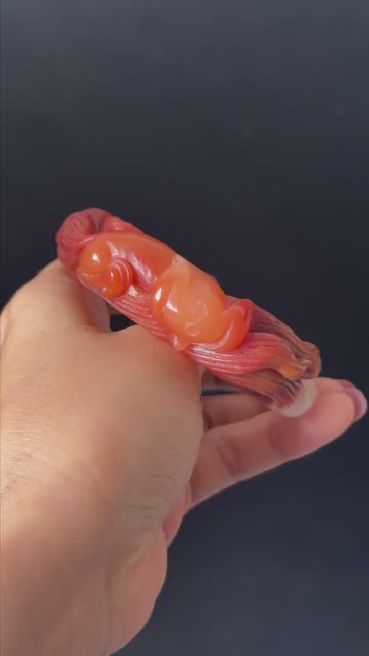 48-70mm! Custom Size Golden Silk Jade (Quartzose) Carved Nine-tailed Fox Peony Bangle: Natural White Red Jade Handcrafted Stone Bracelet