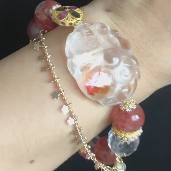 Rainbow Yellow and Red Hematoid Quartz Carved Nine-tailed Fox Charm Bracelet | with Clear Quartz, Tourmaline | Self-confidence & Fortune