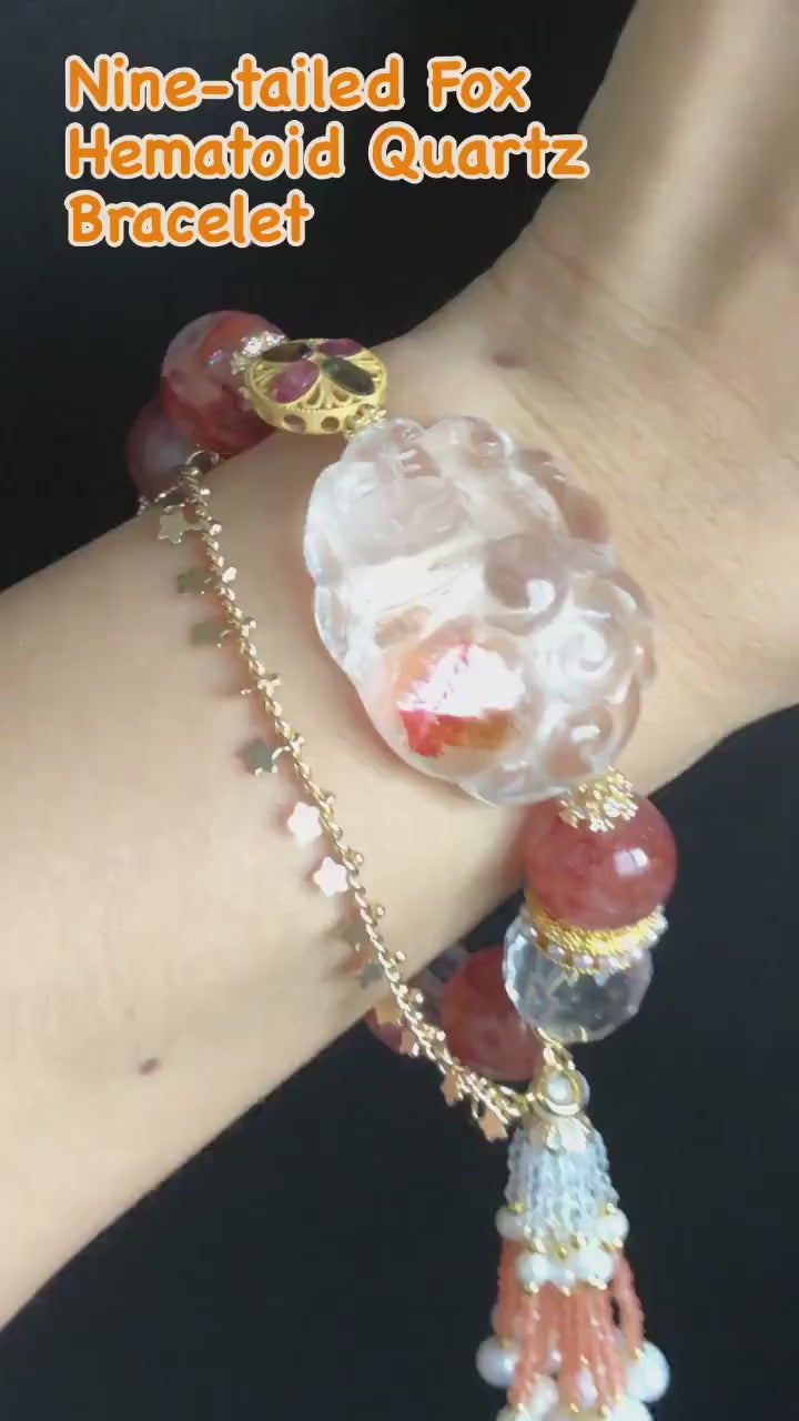 Rainbow Yellow and Red Hematoid Quartz Carved Nine-tailed Fox Charm Bracelet | with Clear Quartz, Tourmaline | Self-confidence & Fortune