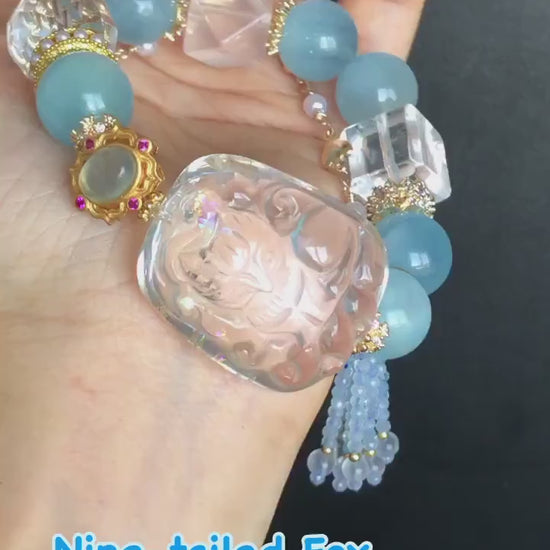 Clear Quartz with Rainbow Hand Carved Nine-tailed Fox Pendant Charm with Aquamarine & Rose Quartz Crystal Bead Bracelet | Removable Tassel