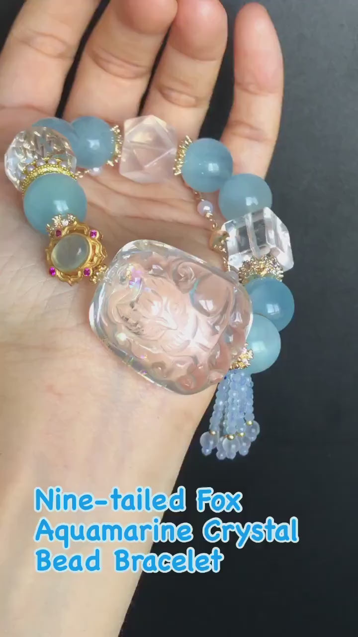 Clear Quartz with Rainbow Hand Carved Nine-tailed Fox Pendant Charm with Aquamarine & Rose Quartz Crystal Bead Bracelet | Removable Tassel