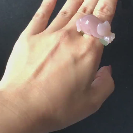Custom Size! Xiu Jade Serpentine Hand Carved Pink Cat Kitten Flower Statement Ring: Green & Pink Jade Handcrafted 3D Stone Carving Ring