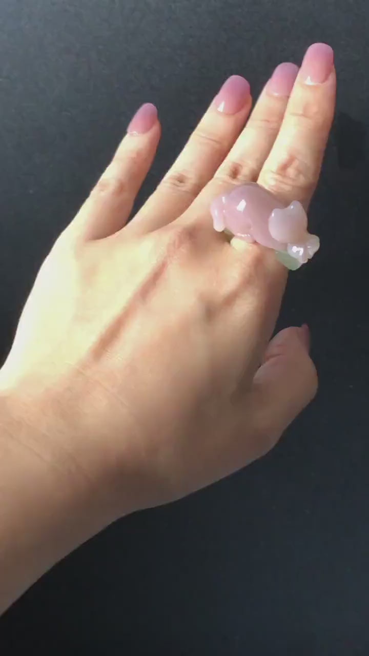 Custom Size! Xiu Jade Serpentine Hand Carved Pink Cat Kitten Flower Statement Ring: Green & Pink Jade Handcrafted 3D Stone Carving Ring