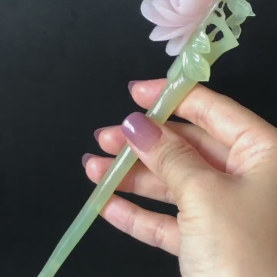 Xiu Jade Serpentine Hand Carved Pink Peony Flower Hair Pin | Pink & Green Jade Hair Stick