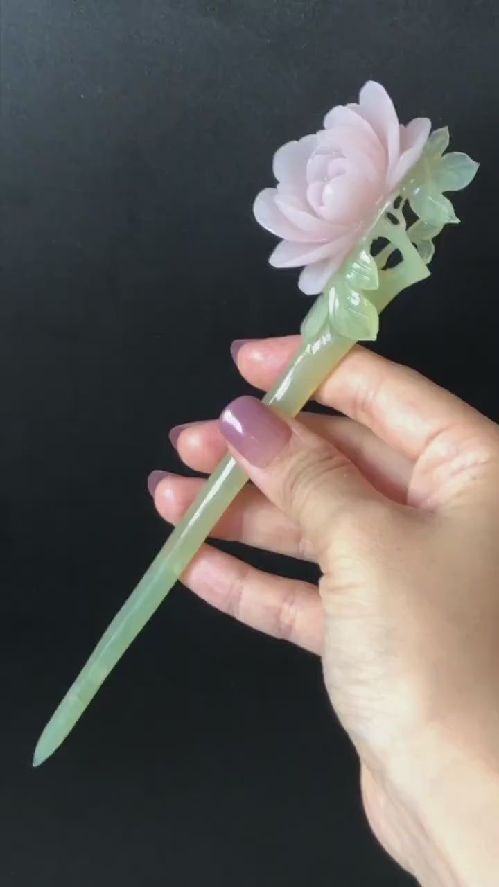 Xiu Jade Serpentine Hand Carved Pink Peony Flower Hair Pin | Pink & Green Jade Hair Stick