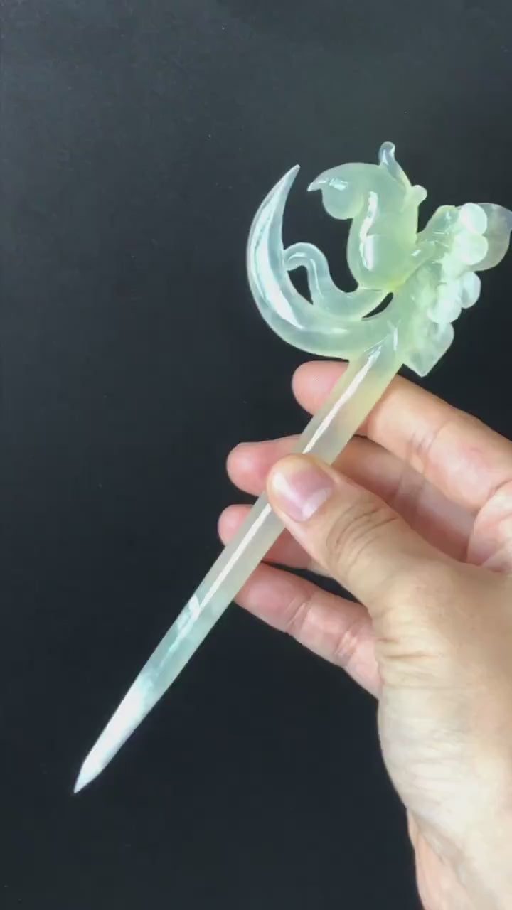 Certificate Natural Xiu Jade (Serpentine) Hand Carved Hair Pin | Cat on the Moon with Flower | Jade Hair Stick | Asian Chinese Vintage Style