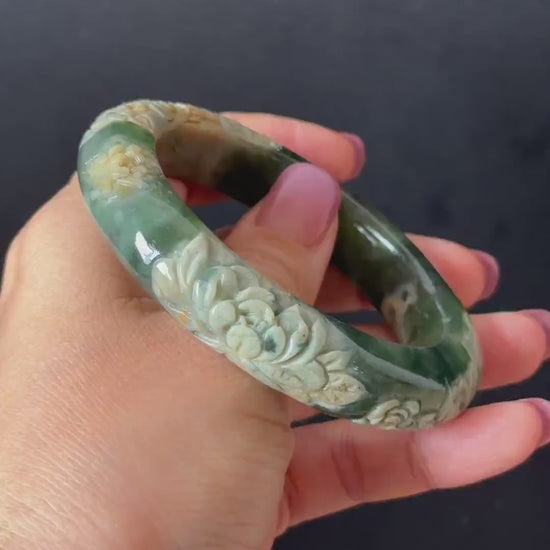 57.9mm Xiu Jade Peony Lotus Flowers Hand Carved Bangle: Natural Serpentine Ice Green White Jade Handcrafted Bracelet, Stone Carving Jewelry