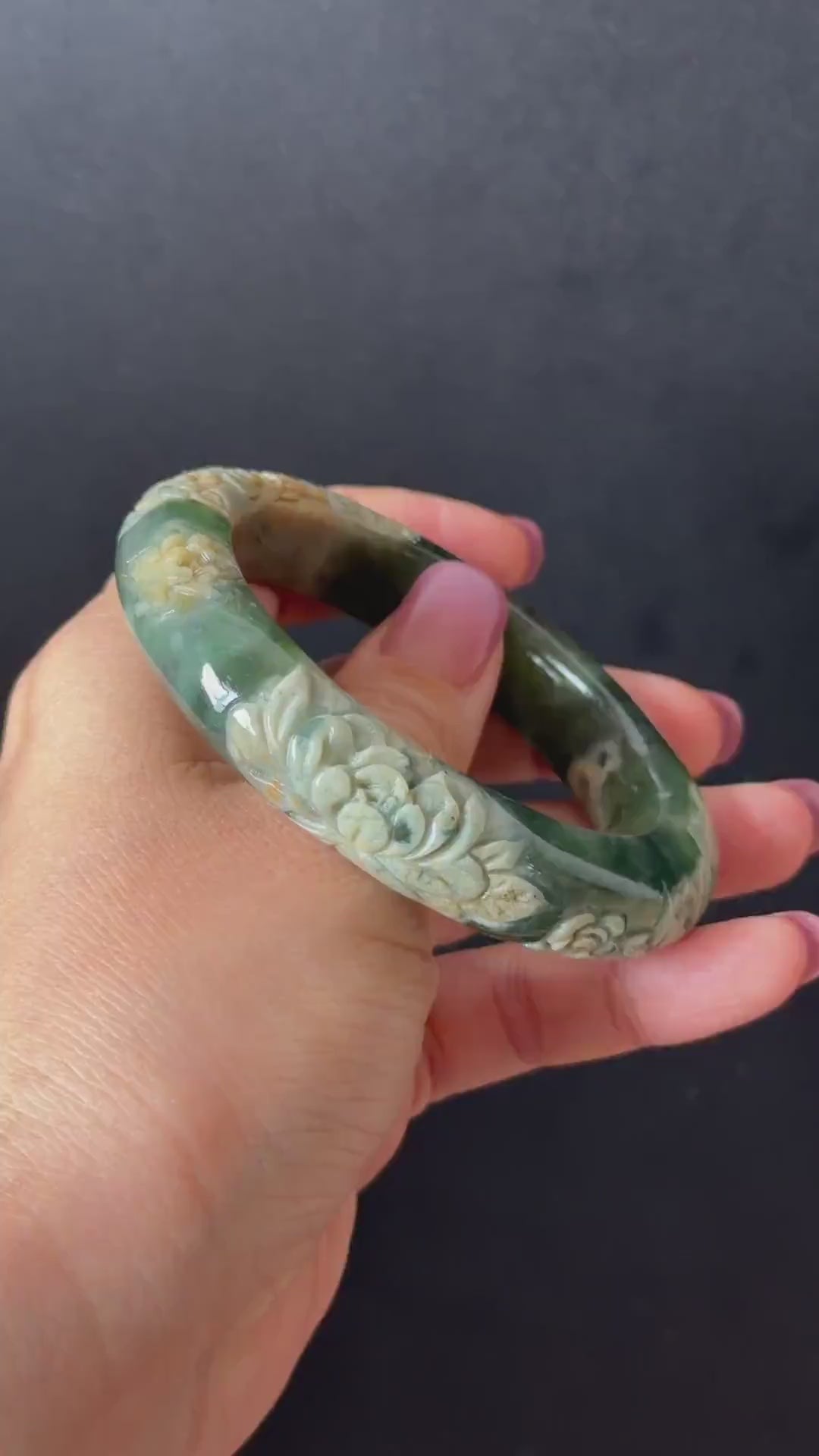 57.9mm Xiu Jade Peony Lotus Flowers Hand Carved Bangle: Natural Serpentine Ice Green White Jade Handcrafted Bracelet, Stone Carving Jewelry