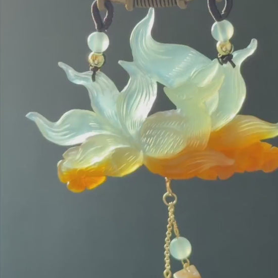 Xiu Jade Serpentine Hand Carved Nine Tail Fox Flower Pendant Adjustable Necklace: Natural Untreated Orange and White Jade 3D Stone Carving