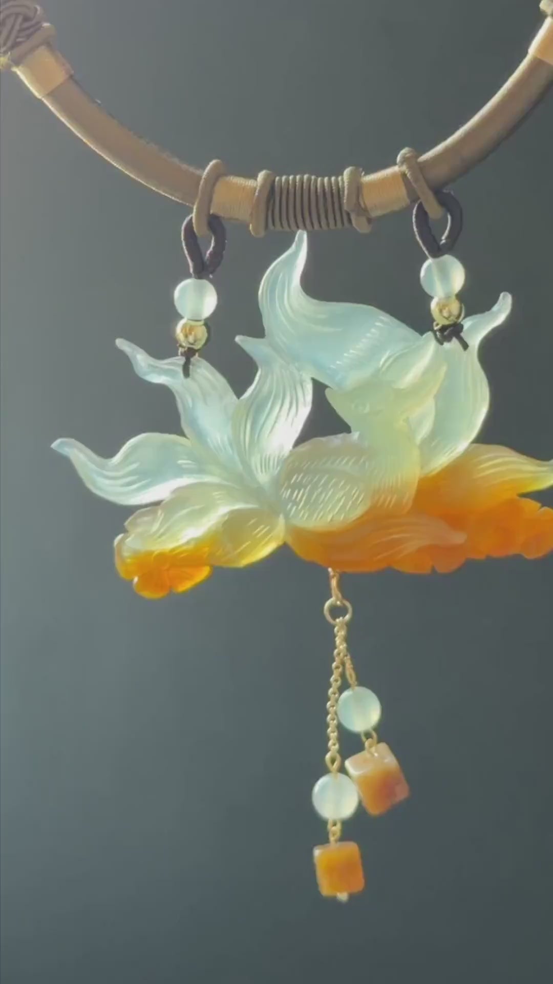 Xiu Jade Serpentine Hand Carved Nine Tail Fox Flower Pendant Adjustable Necklace: Natural Untreated Orange and White Jade 3D Stone Carving
