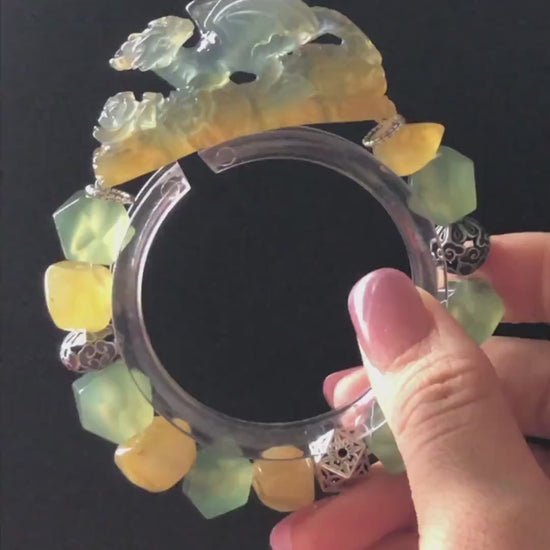 Xiu Jade Dragon Hand Carved Charm Irregular Bead Stretched Elastic Bracelet: Natural Ice Green Yellow Serpentine Jade Vintage Tibetan Silver