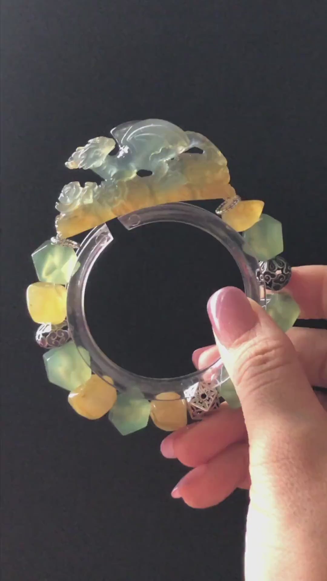 Xiu Jade Dragon Hand Carved Charm Irregular Bead Stretched Elastic Bracelet: Natural Ice Green Yellow Serpentine Jade Vintage Tibetan Silver
