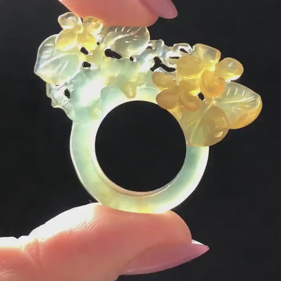Natural Xiu Jade Serpentine Hand Carved Osmanthus fragrans Flower Ring | 17.2mm (US 7-7.5) | Icy Green Yellow Jade | 3D Gemstone Ring Gift