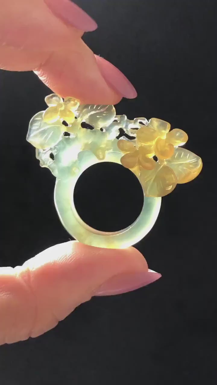Natural Xiu Jade Serpentine Hand Carved Osmanthus fragrans Flower Ring | 17.2mm (US 7-7.5) | Icy Green Yellow Jade | 3D Gemstone Ring Gift