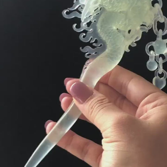 Certified Natural Xiu Jade Serpentine Hand Carved Soaring Dragon Hair Pin | Ice White Jade Hair Stick