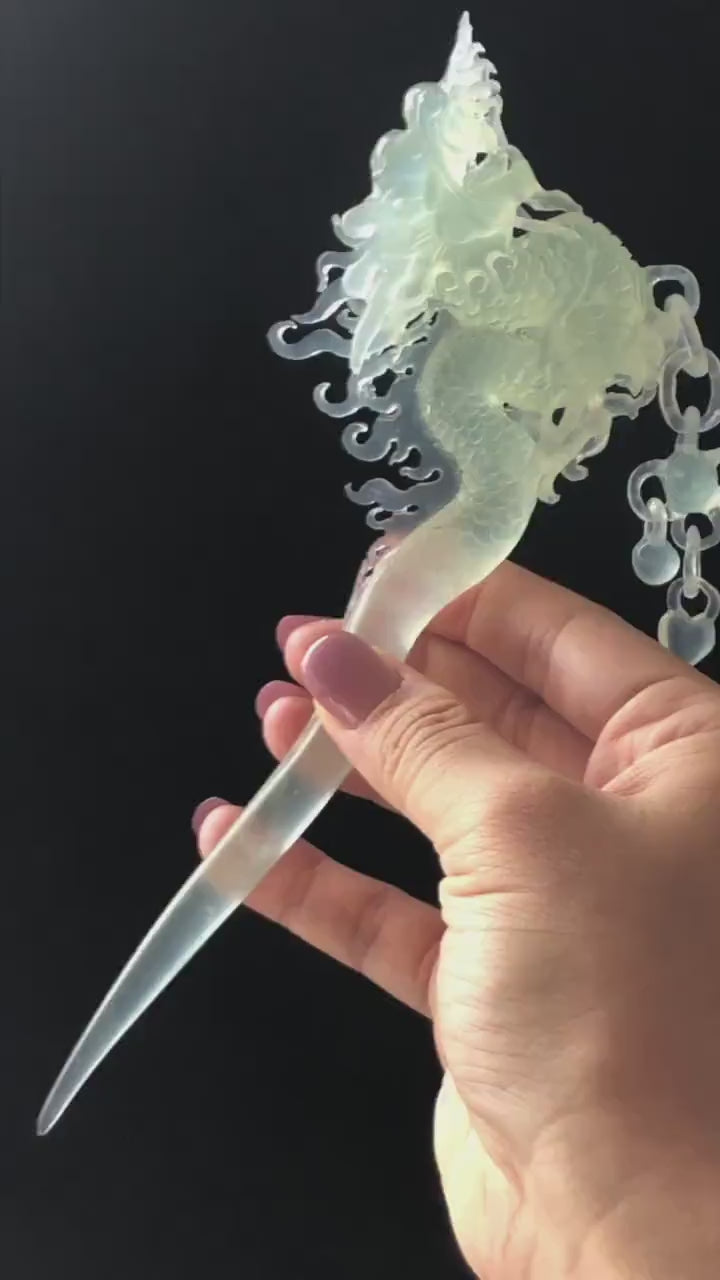 Certified Natural Xiu Jade Serpentine Hand Carved Soaring Dragon Hair Pin | Ice White Jade Hair Stick