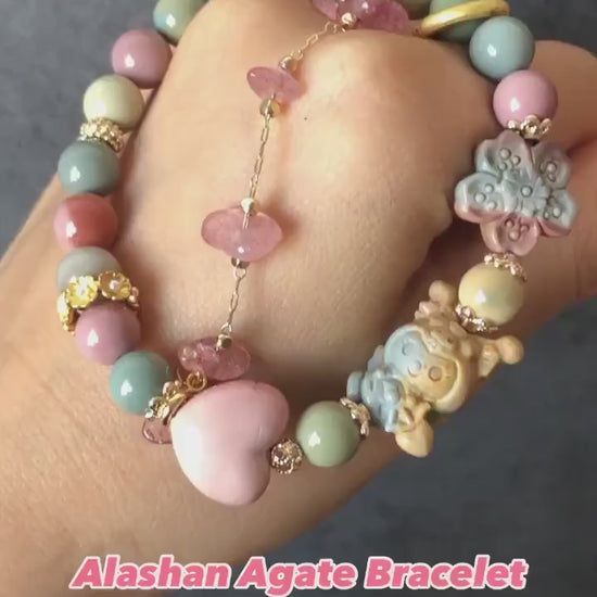 Alashan Agate carved Cupid Kuromi Bead Crystal Bracelet with Strawberry Quartz Chain | Macaron colour | Sakura and Heart Charm | Custom Made