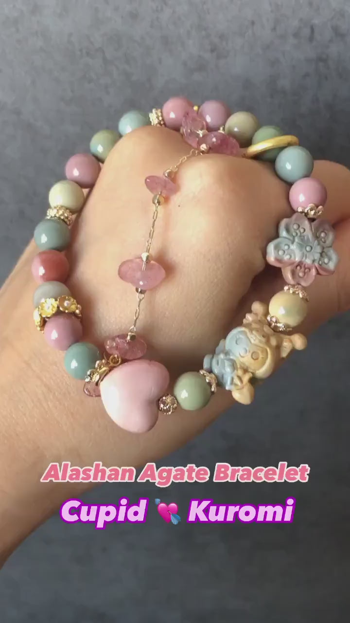 Alashan Agate carved Cupid Kuromi Bead Crystal Bracelet with Strawberry Quartz Chain | Macaron colour | Sakura and Heart Charm | Custom Made