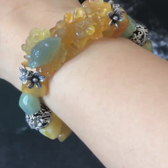 Xiu Jade Serpentine Hand Carved Bird & Flower Charm Irregular Bead Bracelet: Greenish Blue Yellow Jade with Vintage Tibetan Silver Accessory