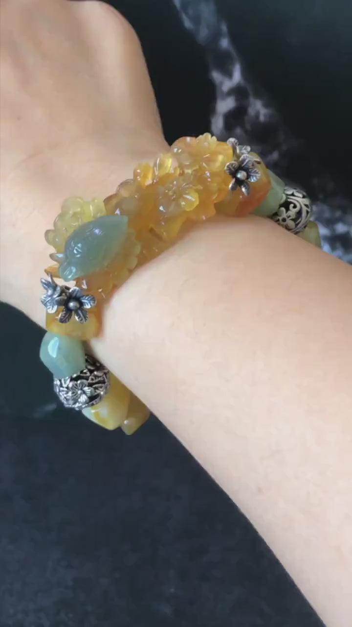 Xiu Jade Serpentine Hand Carved Bird & Flower Charm Irregular Bead Bracelet: Greenish Blue Yellow Jade with Vintage Tibetan Silver Accessory