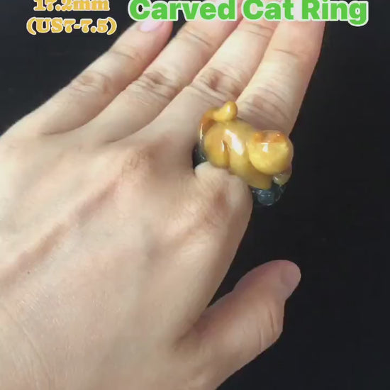 Natural Xiu Jade (Serpentine) Hand Craved Kitten Cat Flowers Stone Crystal Ring | Bi-colour Orange and Icy Green | 17.2mm (US 7-7.5)